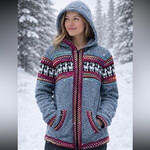 UNIQUE VINTAGE ARTESANIA INCA PERU ZIP UP HOODIE SWEATER MEDIUM